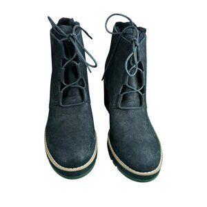Eileen Fisher Black Suede Wedge Boots Size 10 | Shearling Lined Lace-Up Platform